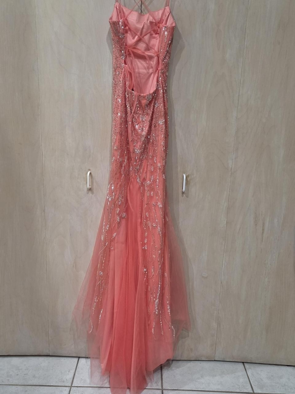 Dave & Johnny Coral Sequin Tulle Mermaid Gown